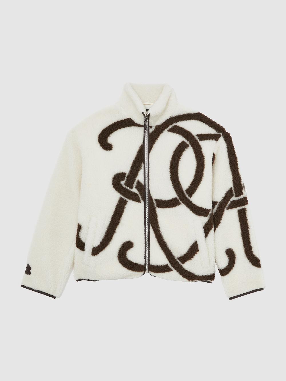 Reiss Monogram Motif Relaxed Fleece Jacket In White/Brown