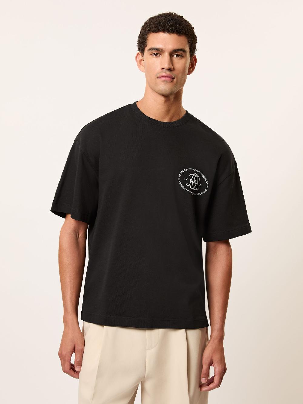 Reiss Monogram Print Cotton Oversized T-Shirt In Black