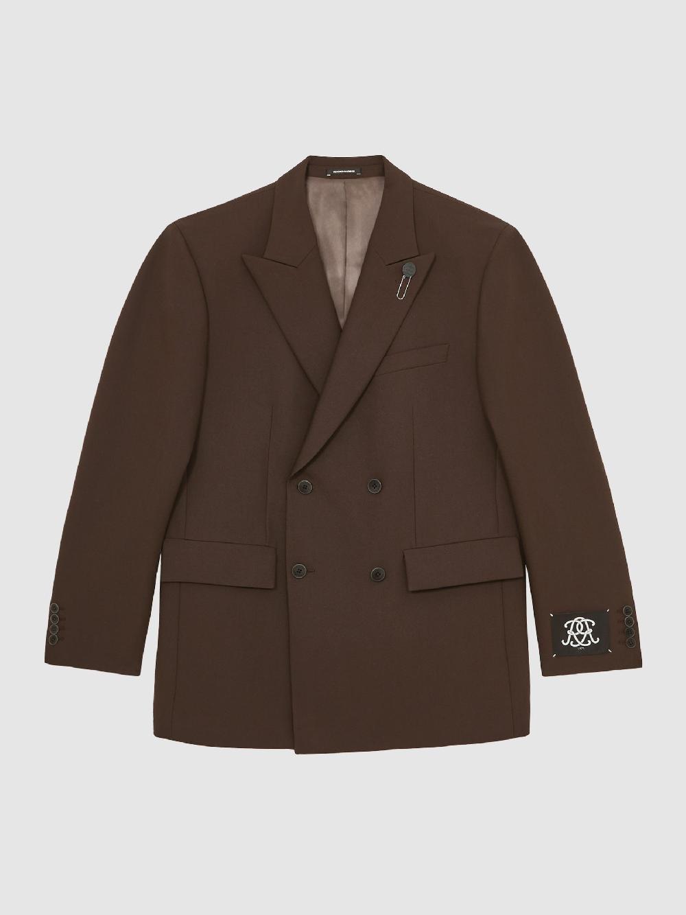 Reiss Monogram Relaxed Double-Breasted Blazer In Brown