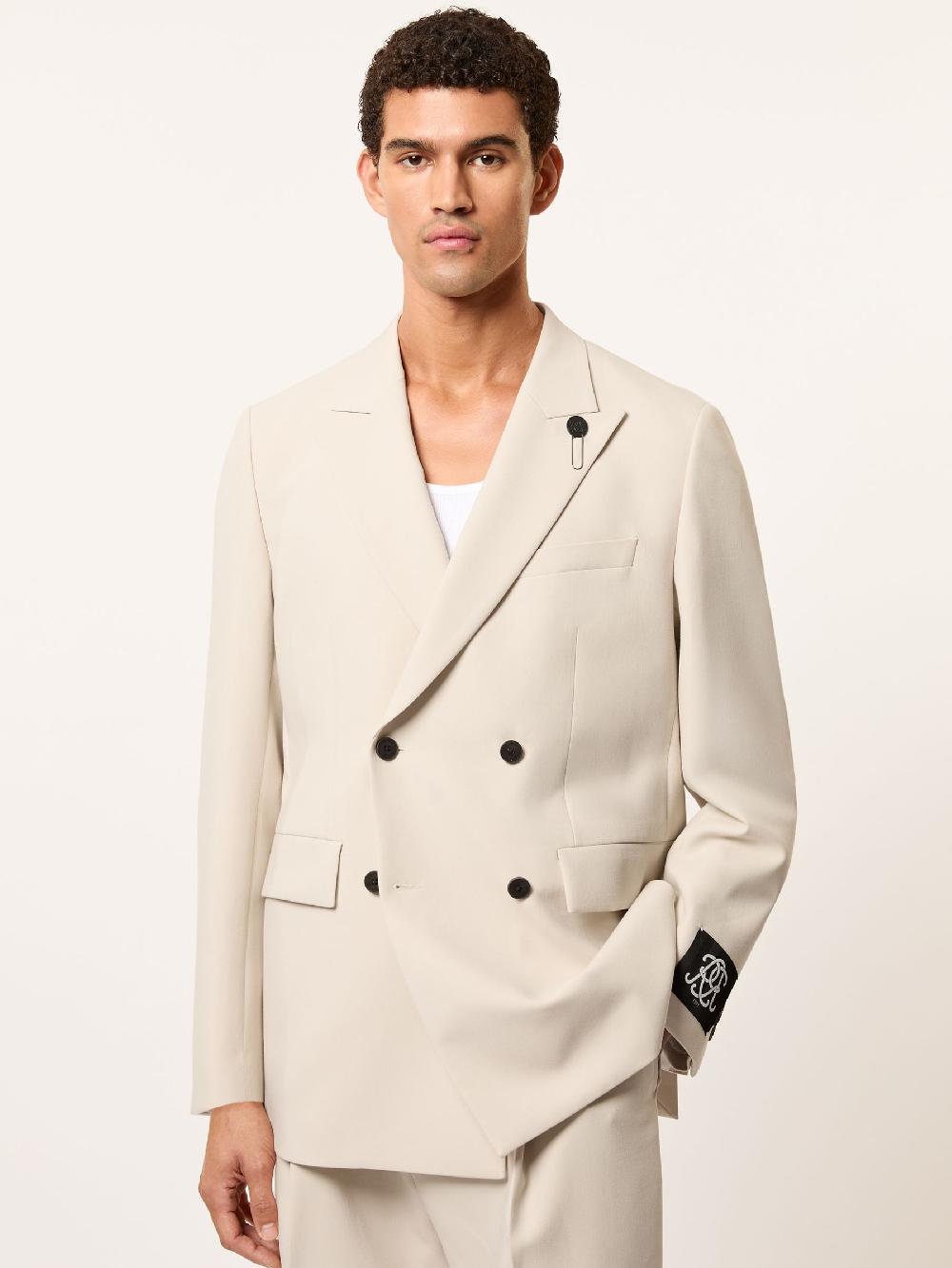 Reiss Monogram Relaxed Double-Breasted Blazer In Stone