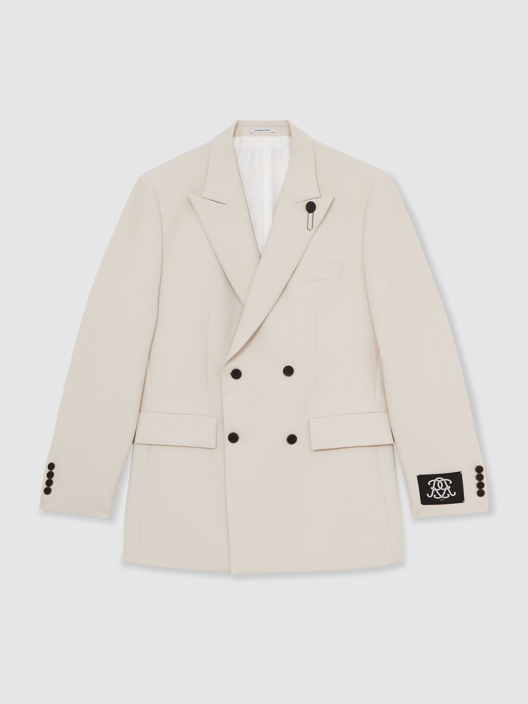 Reiss Monogram Relaxed Double-Breasted Blazer In Stone