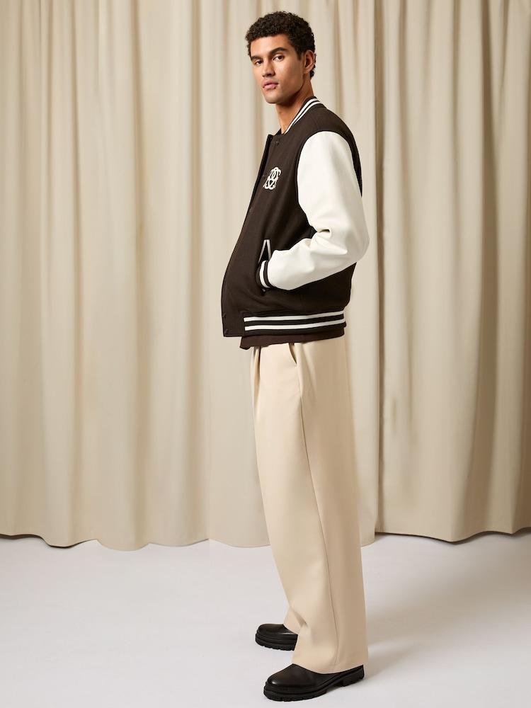 reiss Monogram Relaxed Varsity Jacket in Brown/White