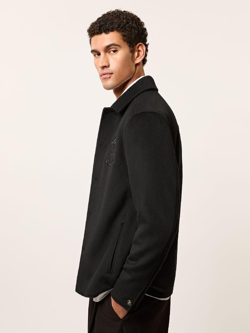 Reiss Monogram Wool-Blend Relaxed Overshirt In Black
