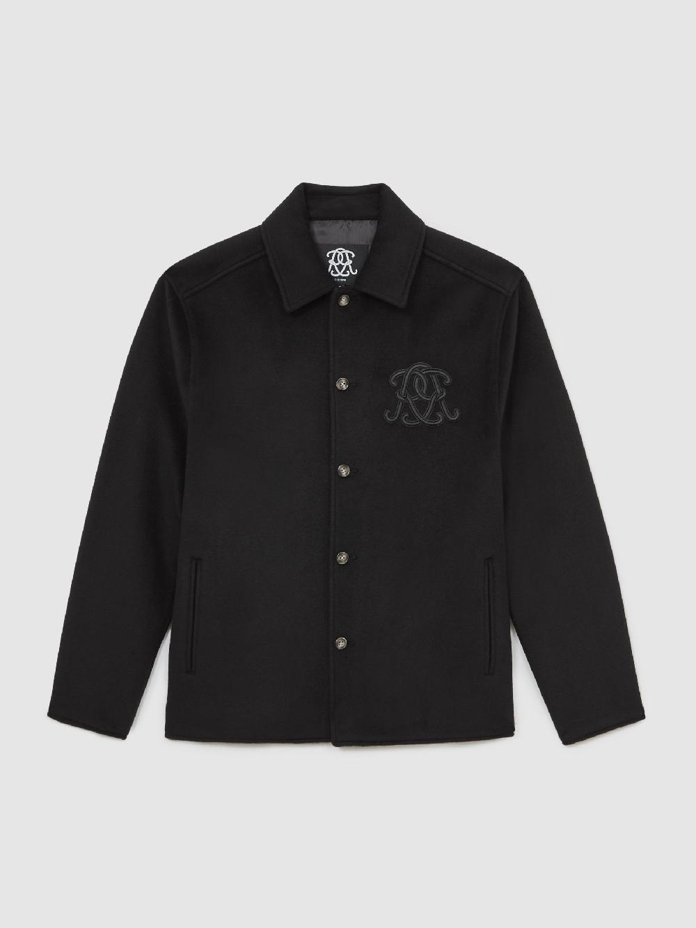 Reiss Monogram Wool-Blend Relaxed Overshirt In Black