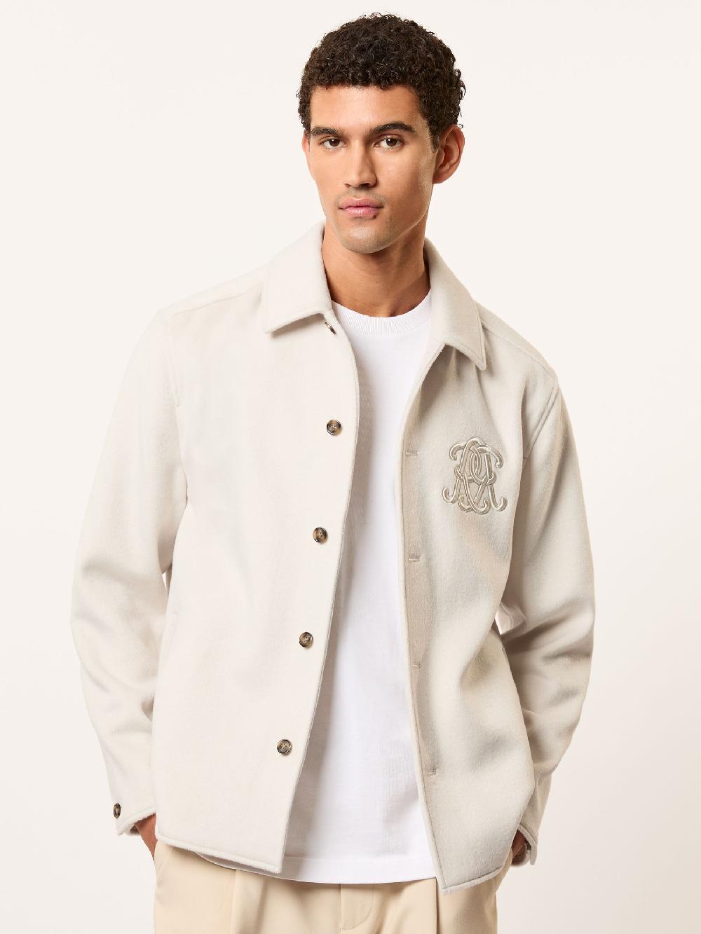 Reiss Monogram Wool-Blend Relaxed Overshirt In Ivory White