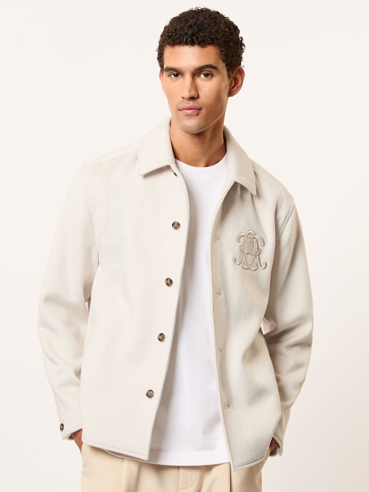 reiss Monogram Wool-Blend Relaxed Overshirt in Ivory White
