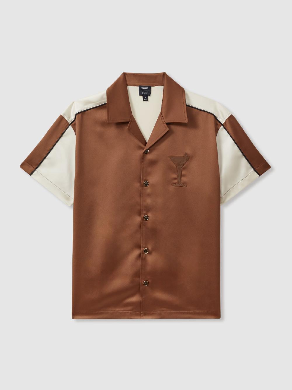 Reiss Noto Tobacco/Ecru Ché Satin Effect Colourblock Cuban Collar Shirt