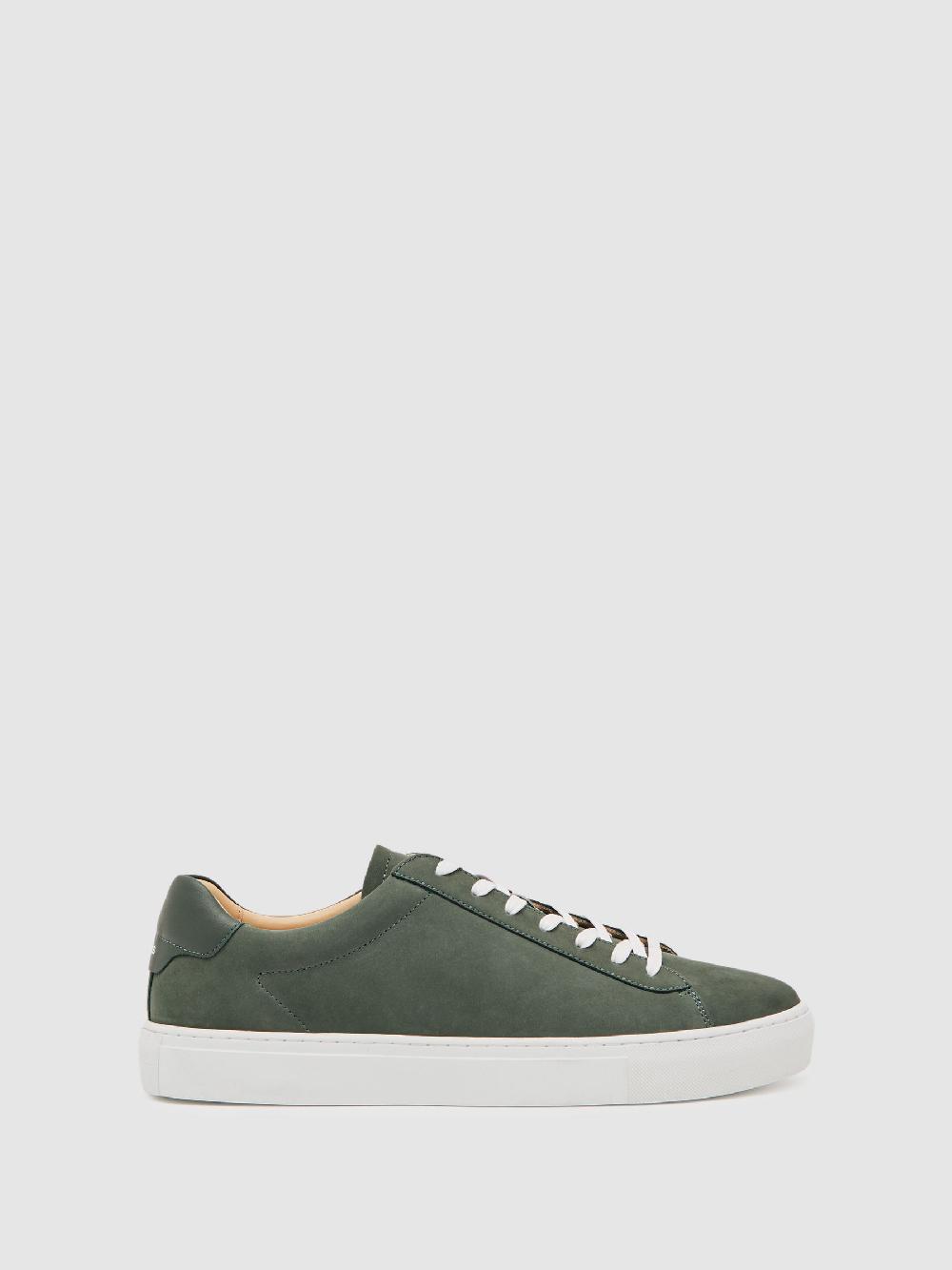 Reiss Nubuck Leather Lace-Up Trainers In Thyme Green