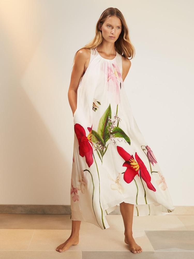 reiss NYBG Floral Print Maxi Dress With Linen in Ivory
