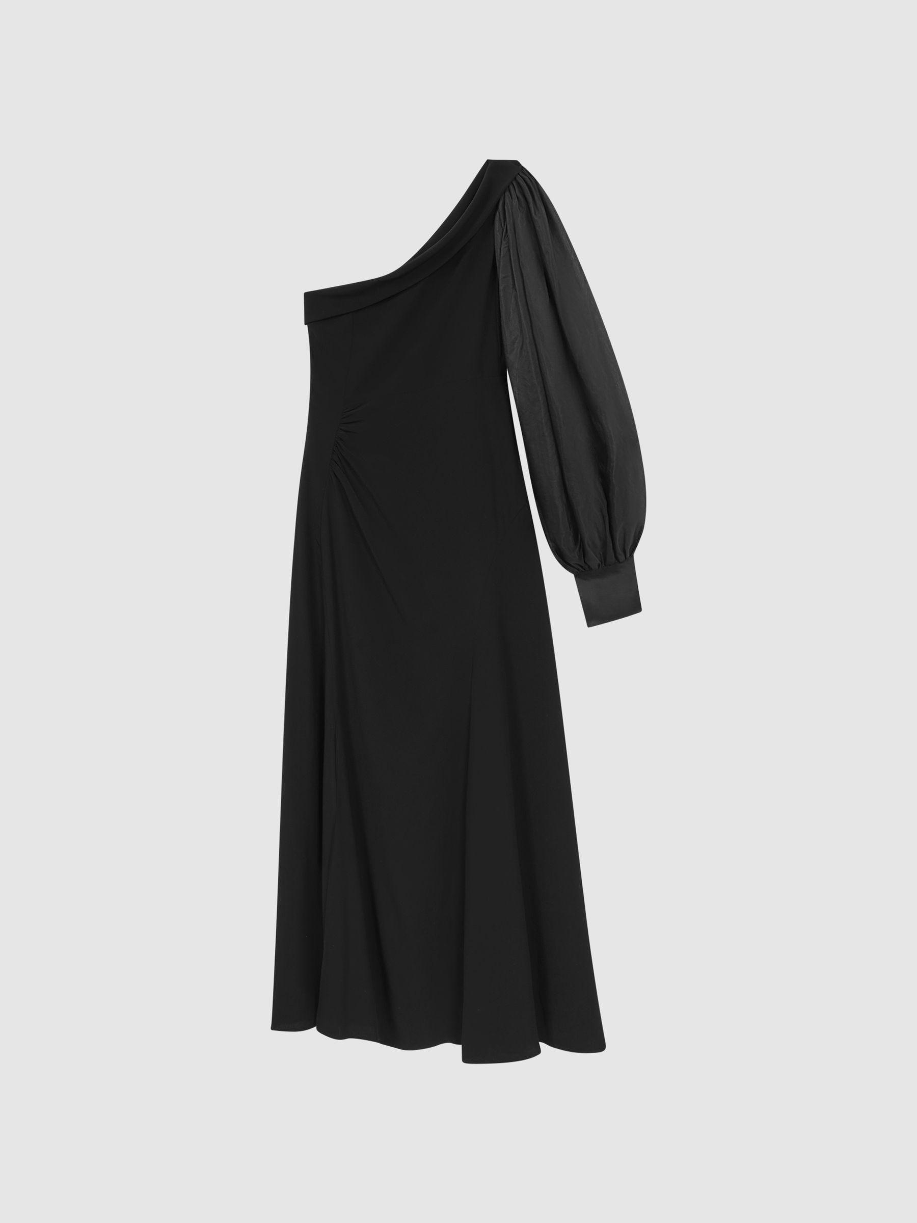 Reiss One-Shoulder Blouson Sleeve Midi Dress In Black