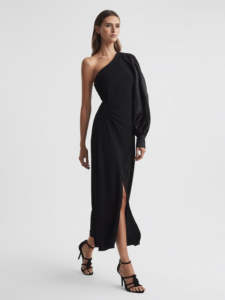 reiss One-Shoulder Blouson Sleeve Midi Dress in Black