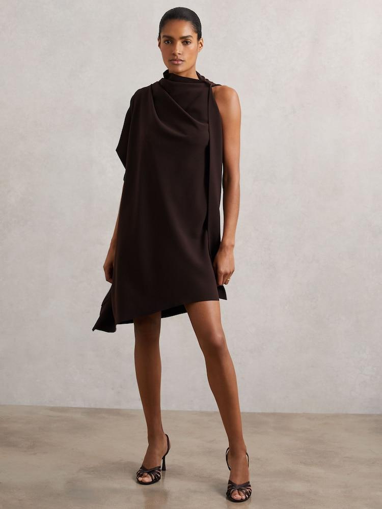 reiss One-Shoulder Draped Mini Dress in Chocolate Brown