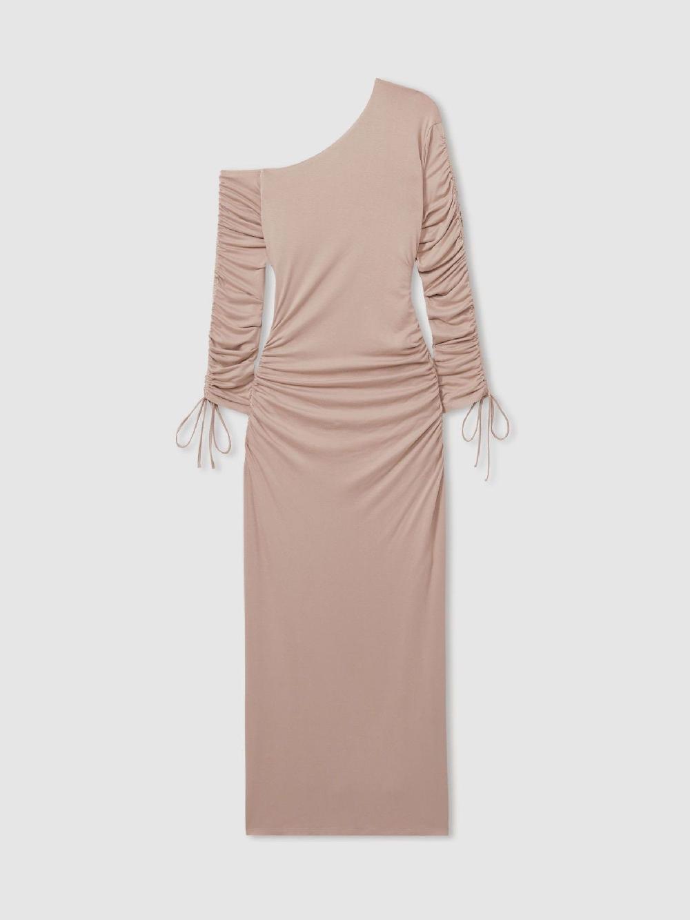 Reiss One-Shoulder Ruched-Jersey Midi Dress In Blush