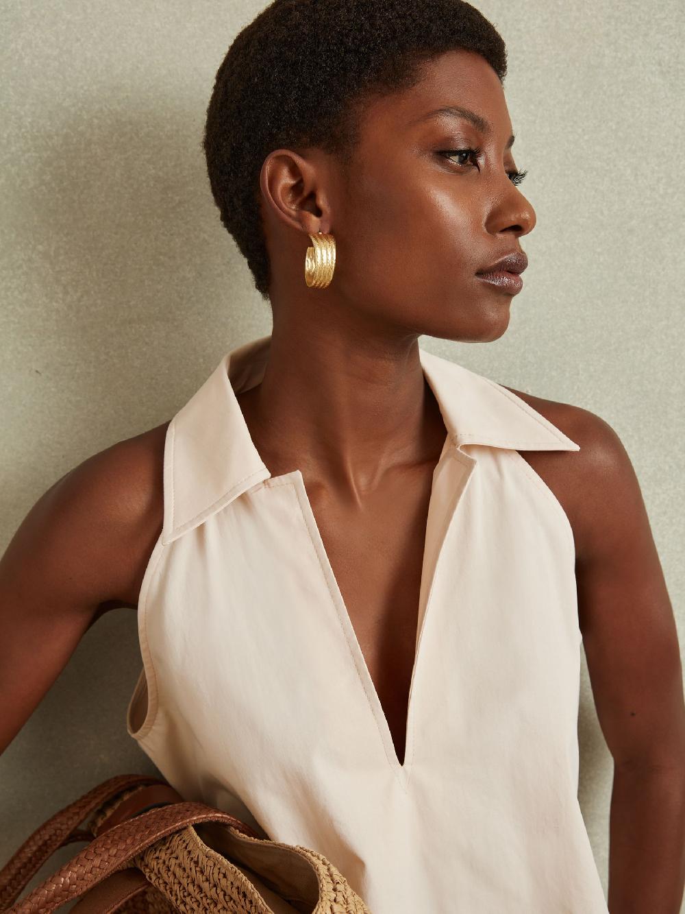 Reiss Open-Collar Cotton Blend Sleeveless Top In Neutral