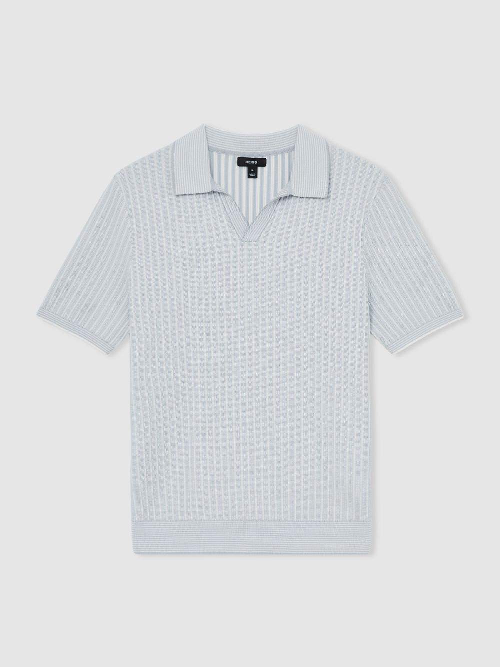 Reiss Open-Collar Textured Polo Shirt In Soft Blue/White