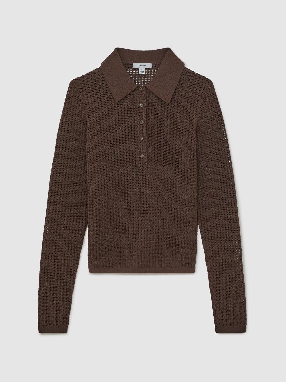 Reiss Open-Knit Long-Sleeve Polo Top In Chocolate Brown