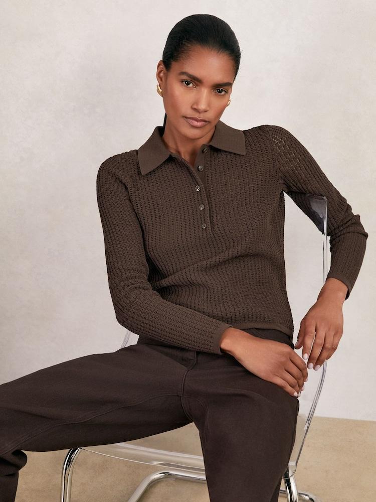 reiss Open-Knit Long-Sleeve Polo Top in Chocolate Brown