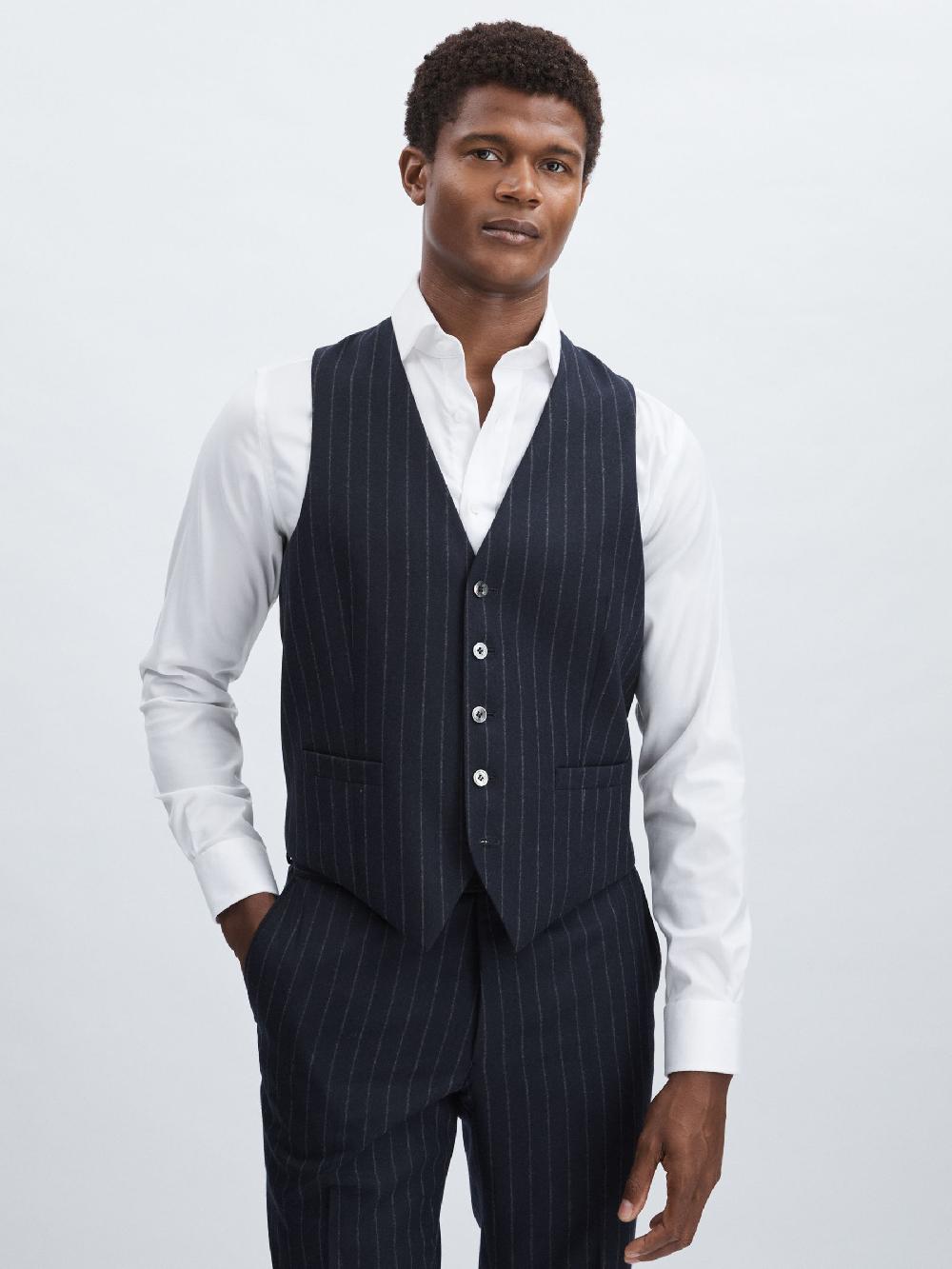 Reiss Oscar Jacobson 100% Wool Pinstripe Waistcoat In Navy
