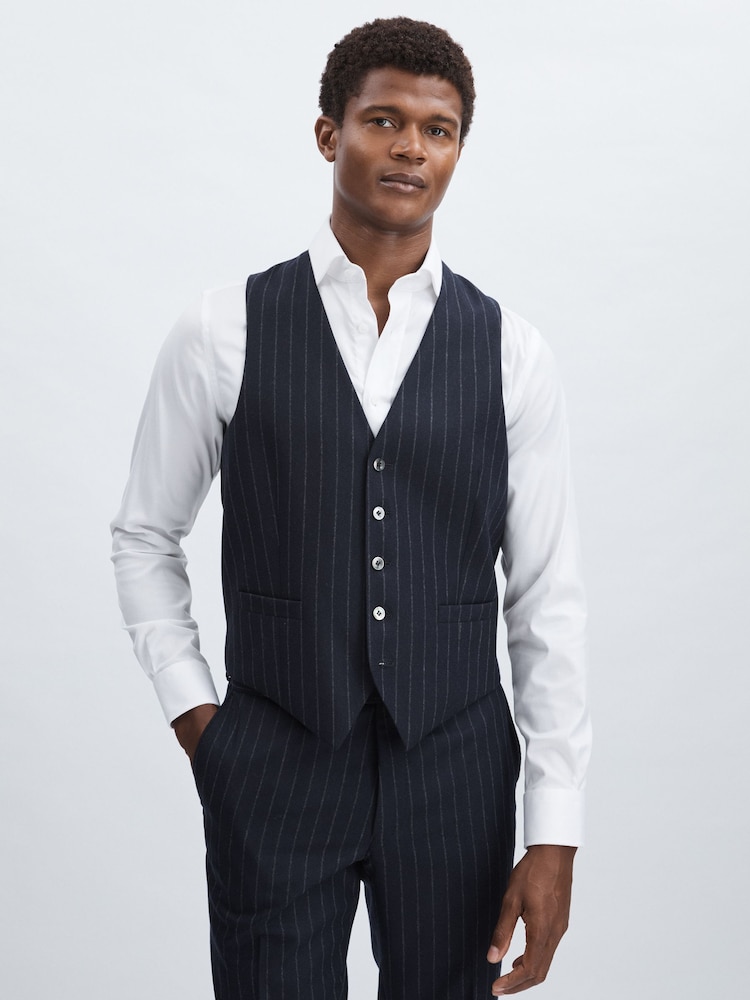reiss Oscar Jacobson 100% Wool Pinstripe Waistcoat in Navy
