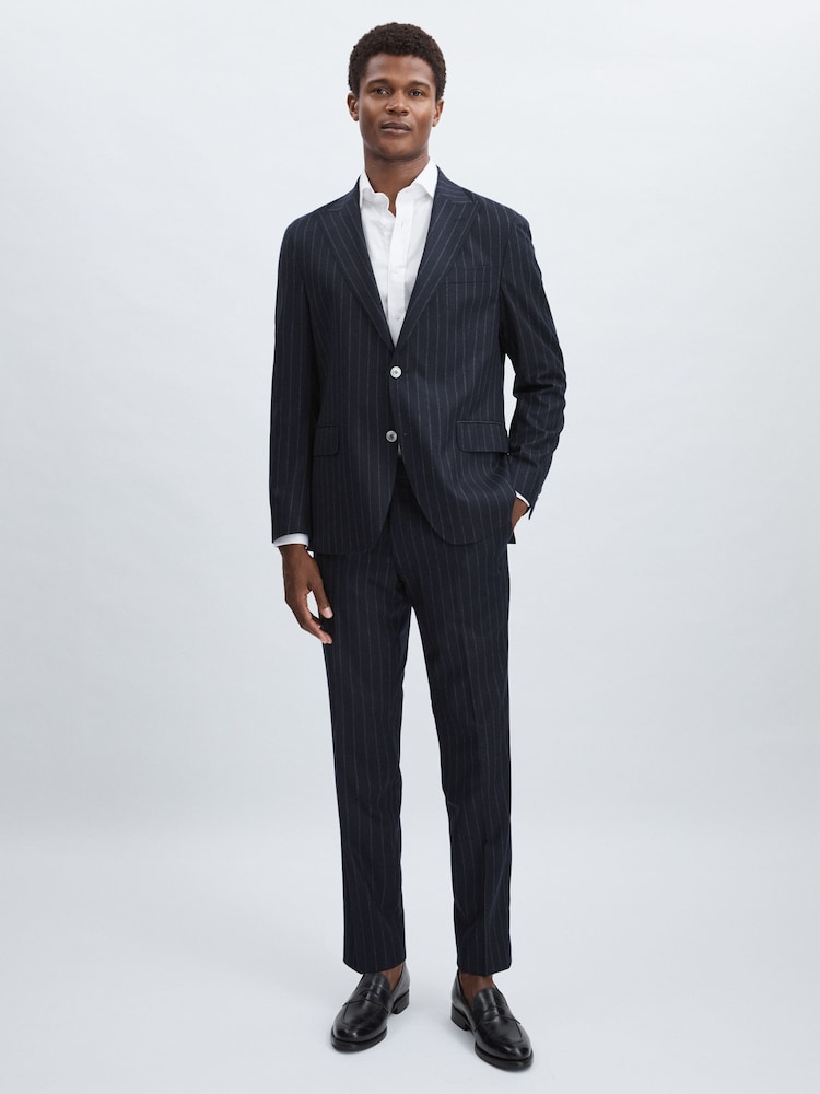 reiss Oscar Jacobson 100% Wool Slim-Fit Pinstripe Suit Trousers in Navy
