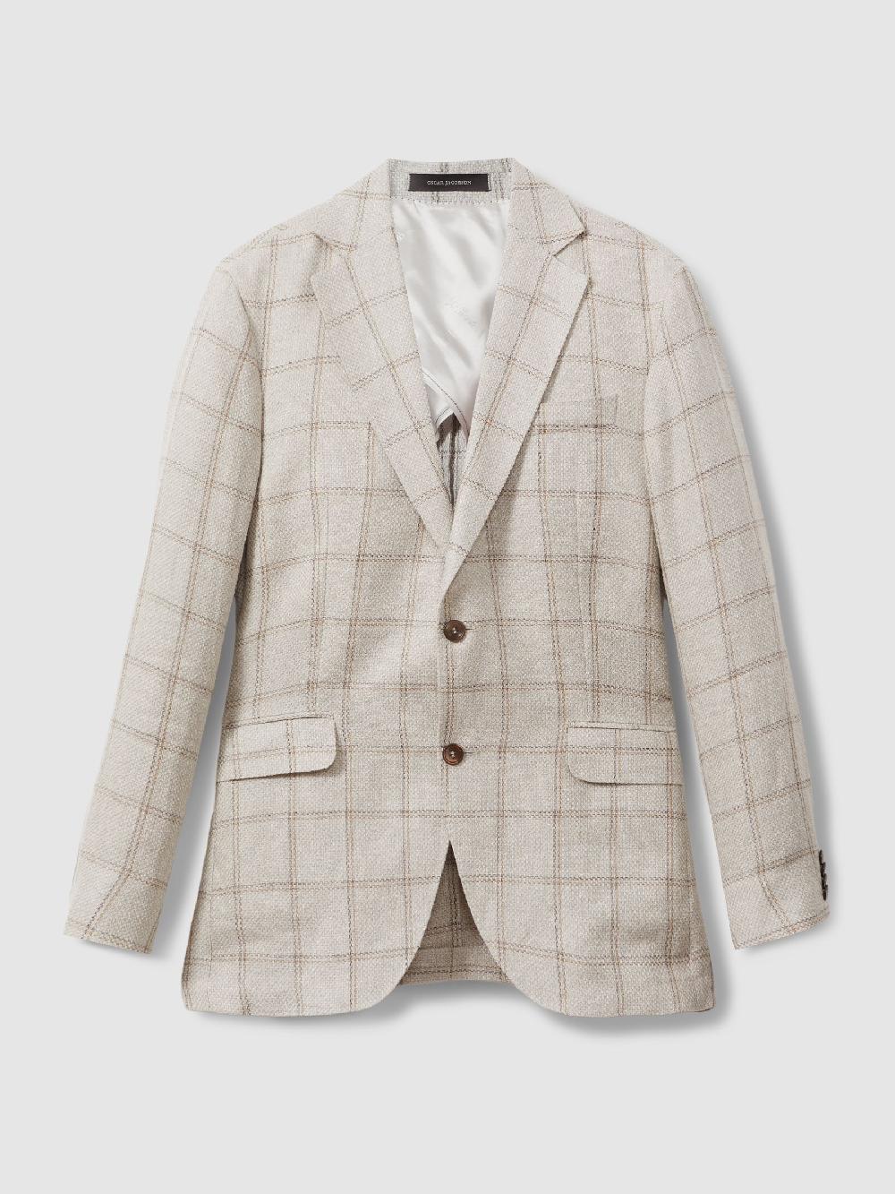 Reiss Oscar Jacobson Linen Blend Single Breasted Check Blazer In Cream