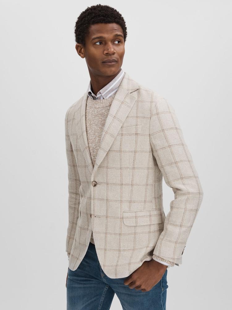 reiss Oscar Jacobson Linen Blend Single Breasted Check Blazer in Cream