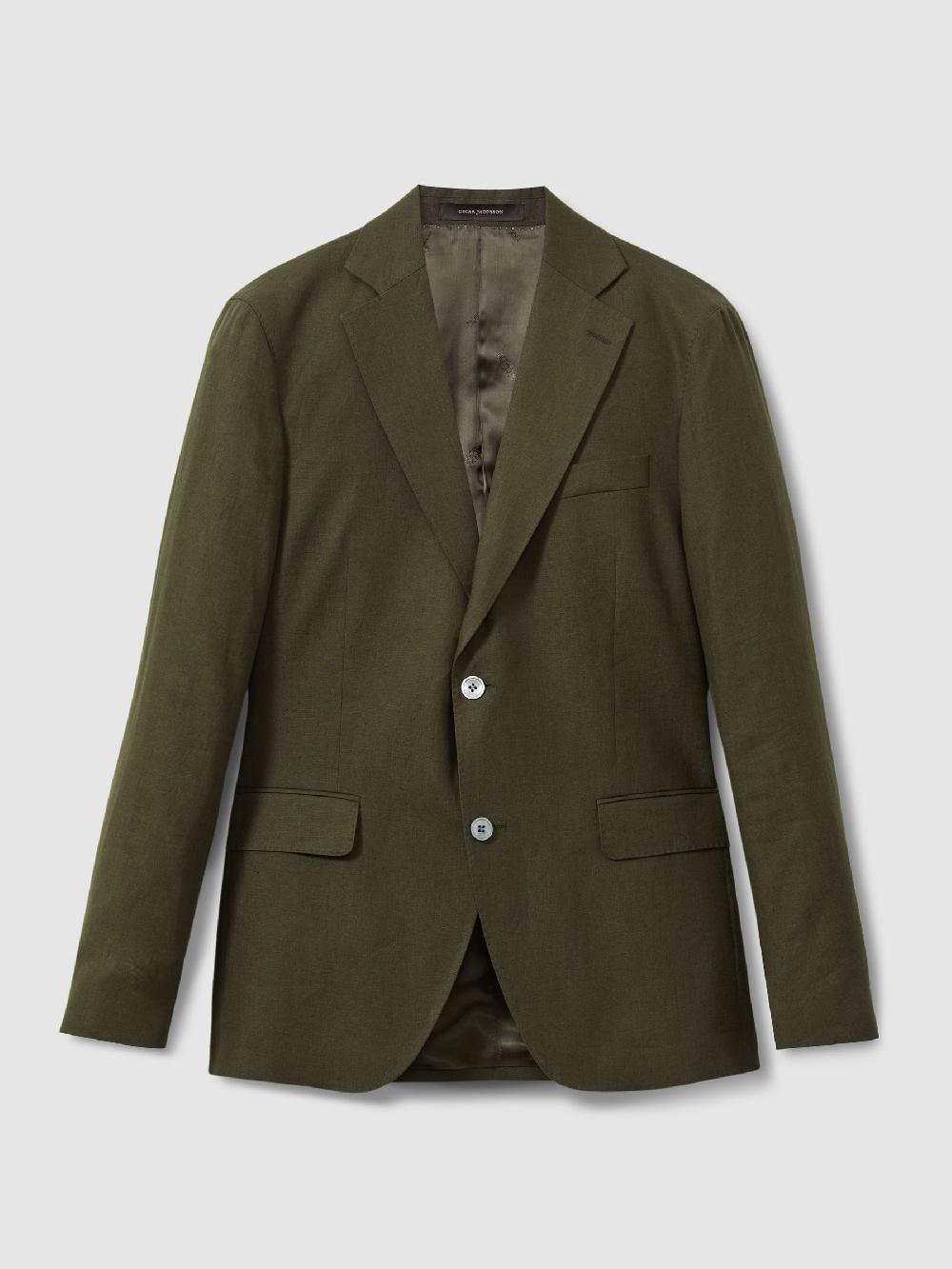 Reiss Oscar Jacobson Linen Double Breasted Blazer In Green