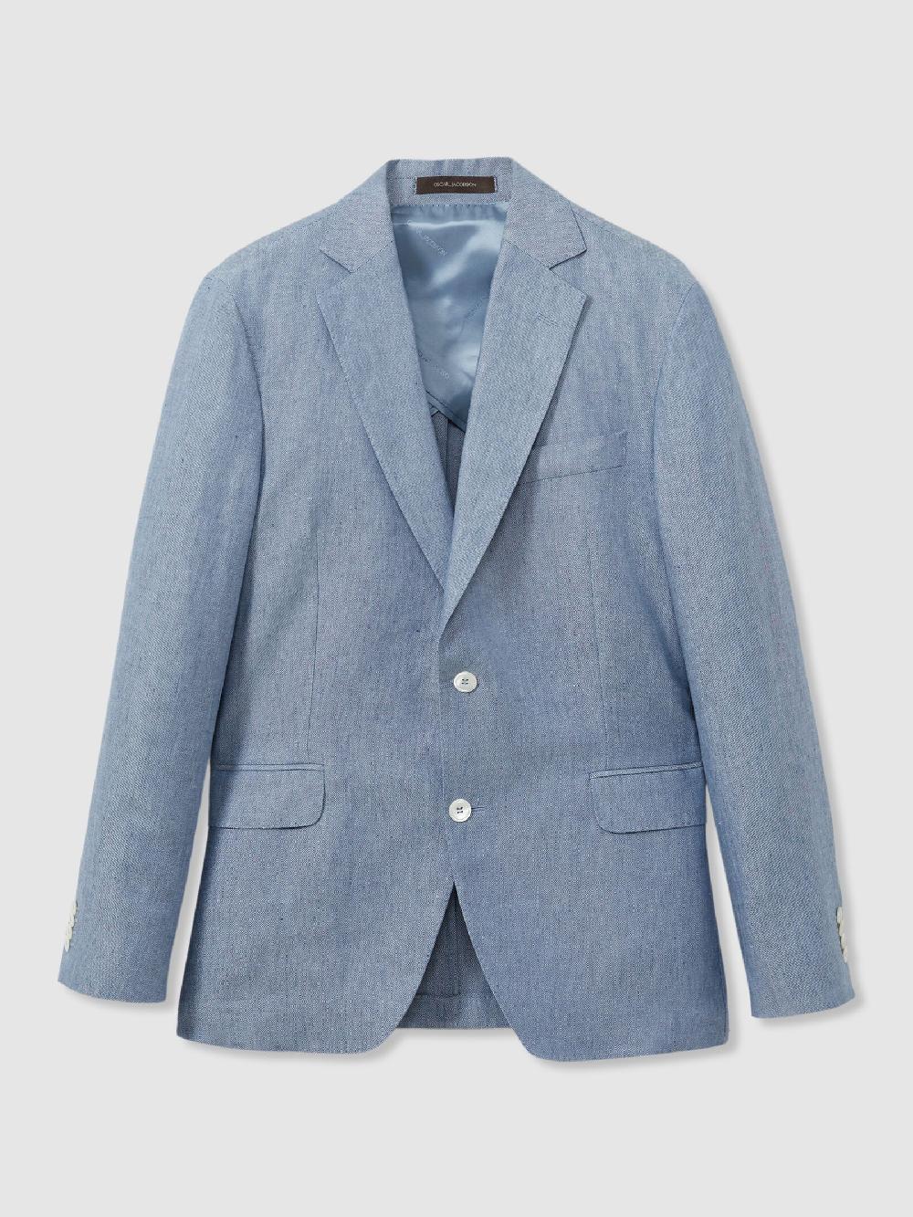 Reiss Oscar Jacobson Linen Single Breasted Blazer In Dark Blue