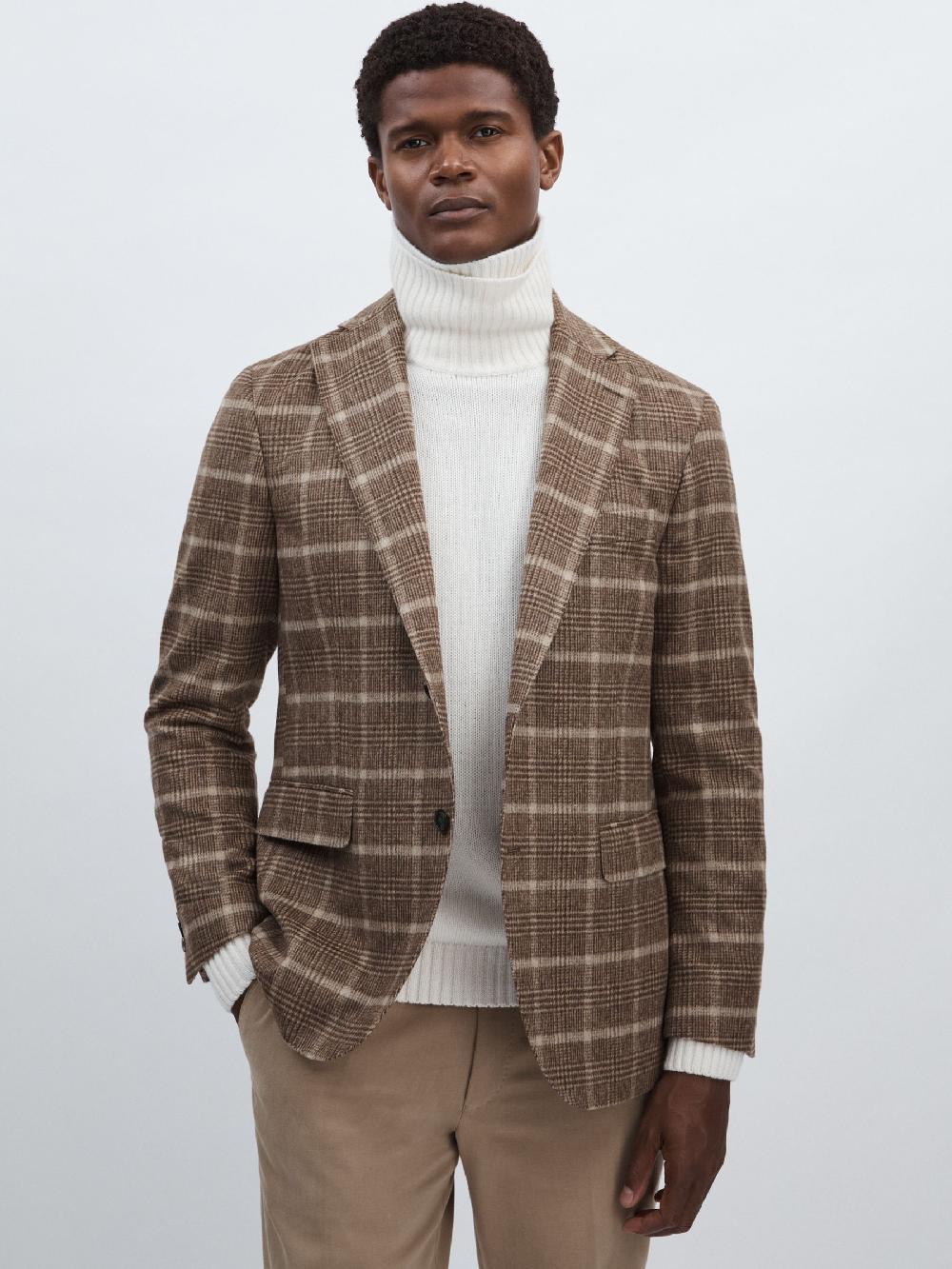 Reiss Oscar Jacobson Wool-Blend Single-Breasted Check Blazer In Dark Beige