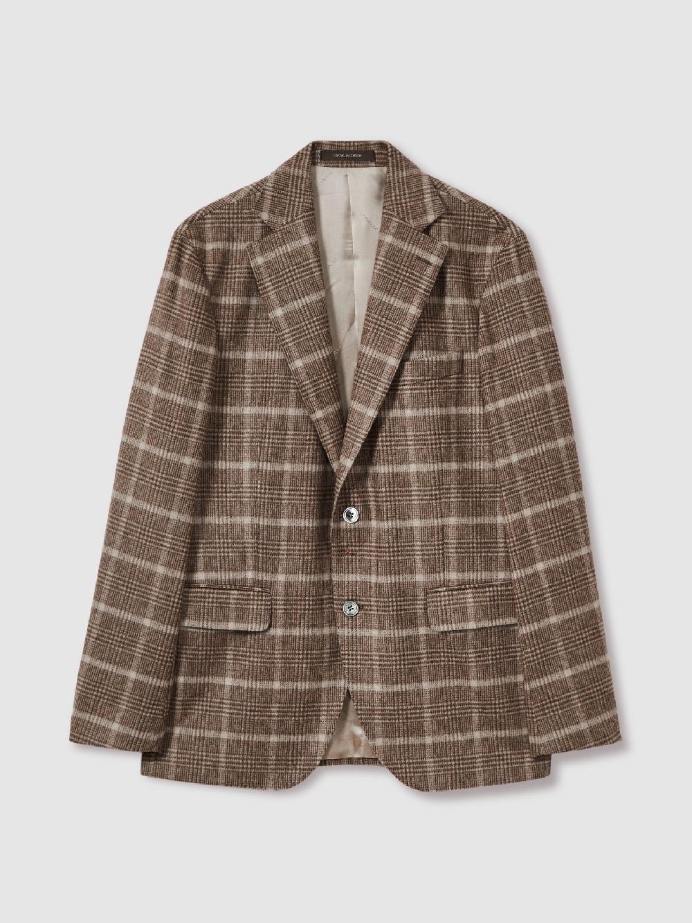 Reiss Oscar Jacobson Wool-Blend Single-Breasted Check Blazer In Dark Beige