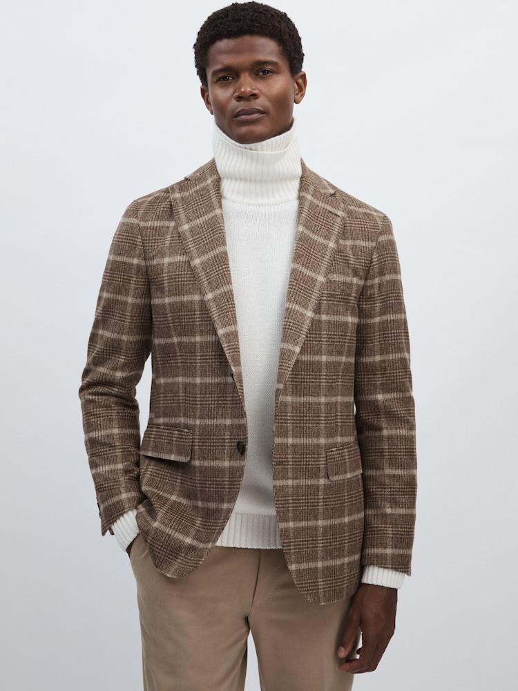 reiss Oscar Jacobson Wool-Blend Single-Breasted Check Blazer in Dark Beige