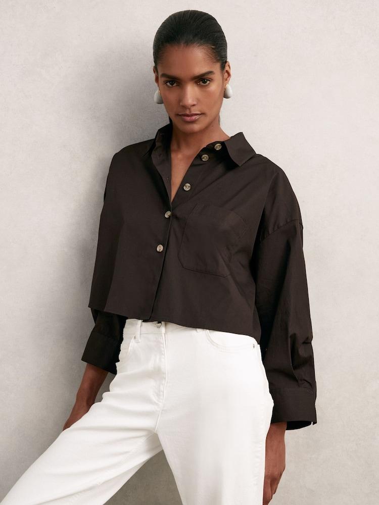 reiss Oversize Cotton Cropped Shirt in Chocolate Brown