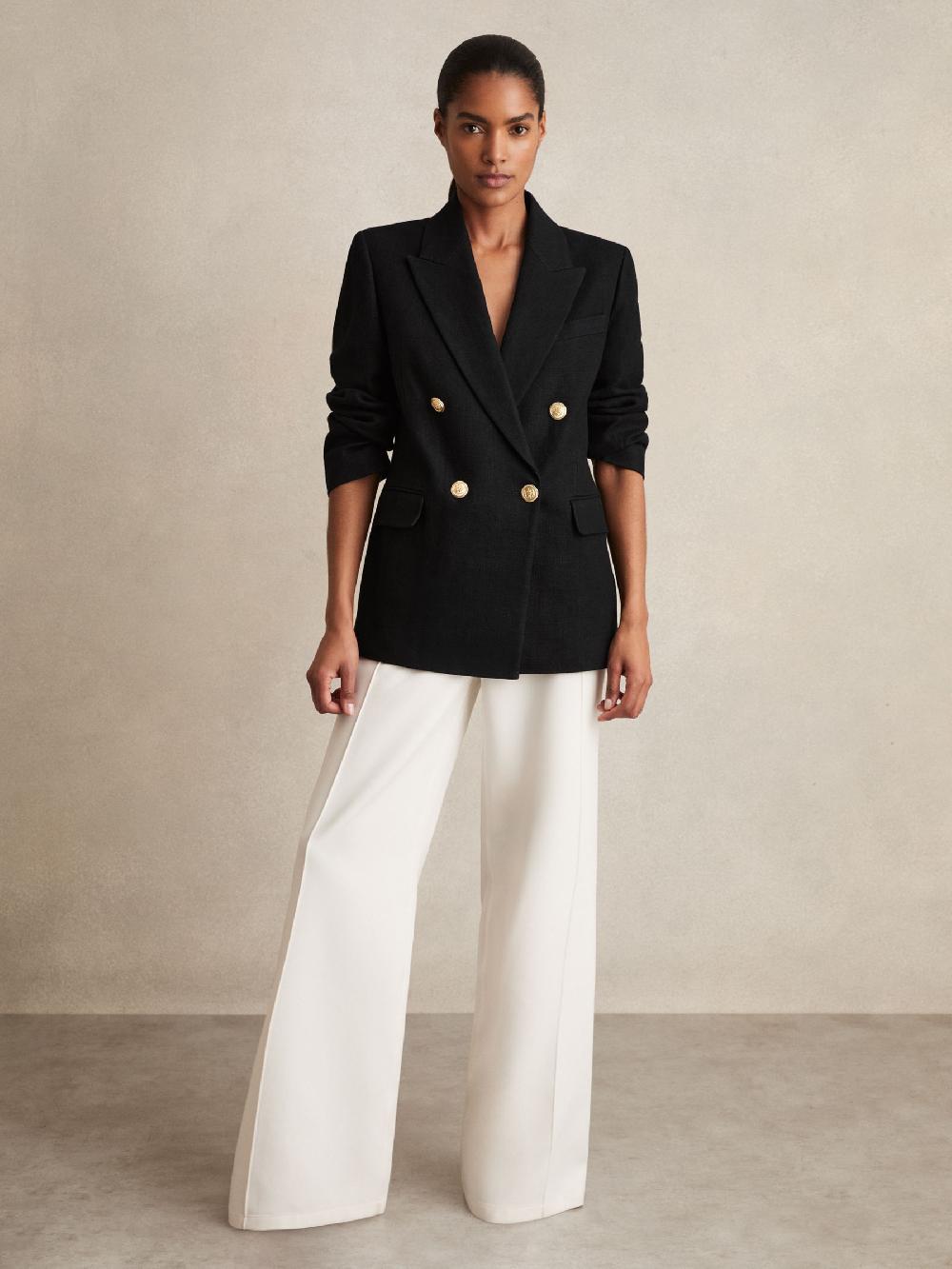 Reiss Oversized Double-Breasted Blazer Linen-Blend In Black
