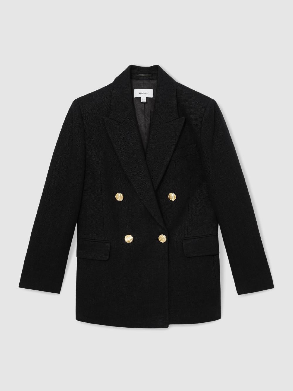 Reiss Oversized Double-Breasted Blazer Linen-Blend In Black