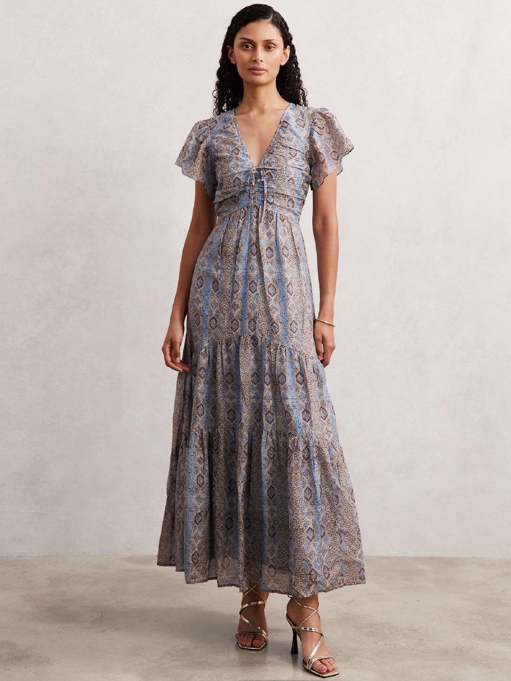 Reiss Paige Cotton-Silk Floral-Print Dress In Navy Print