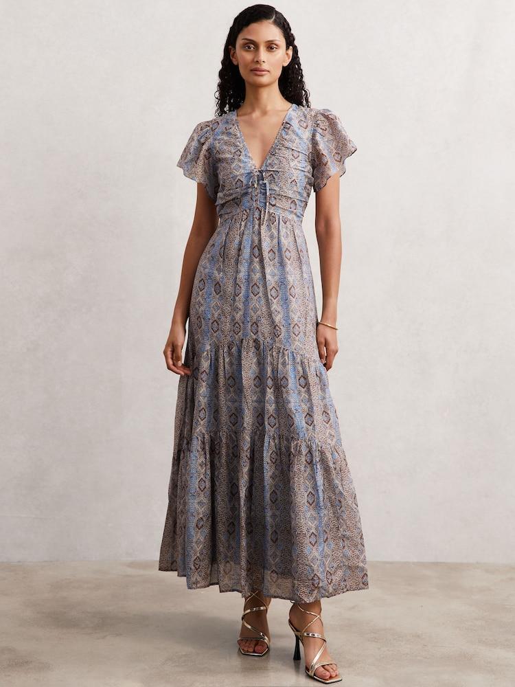 reiss Paige Cotton-Silk Floral-Print Dress in Navy Print