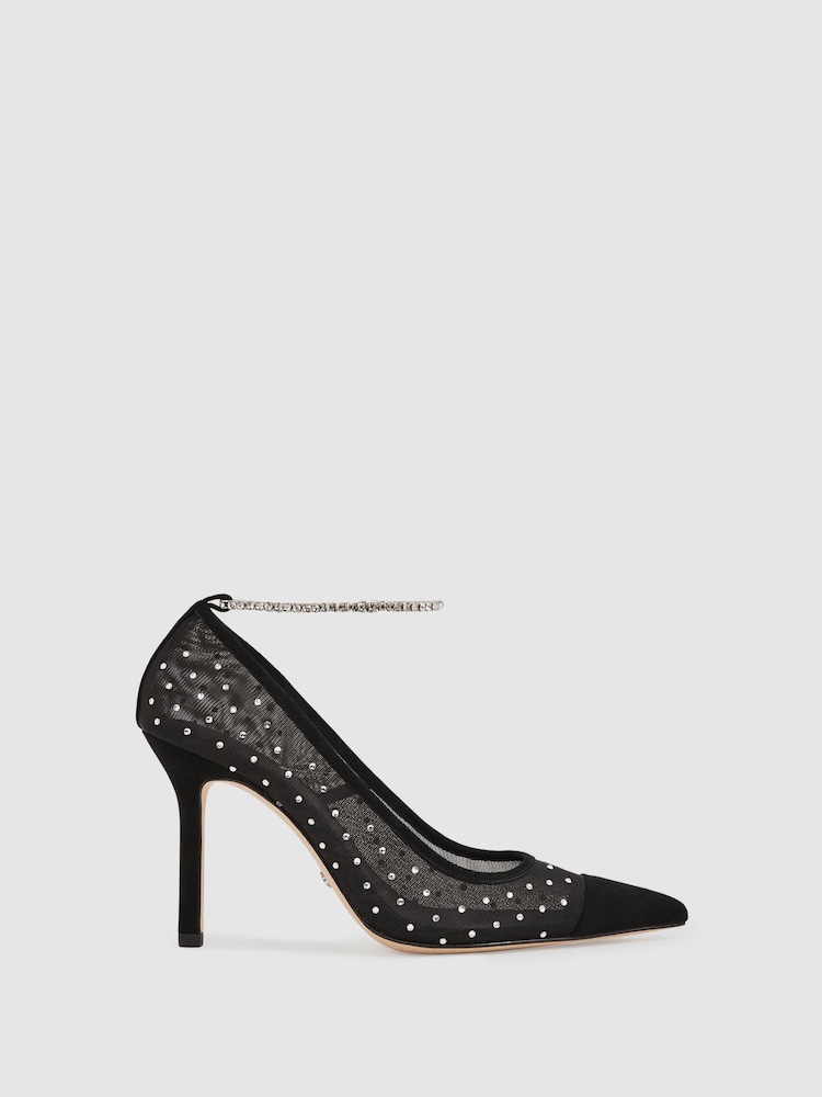 reiss Paige Crystal-Embellished Mesh Court Shoes in Black