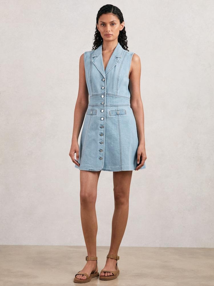 reiss Paige Denim Button-Through Mini Dress in Jocelyn Blue