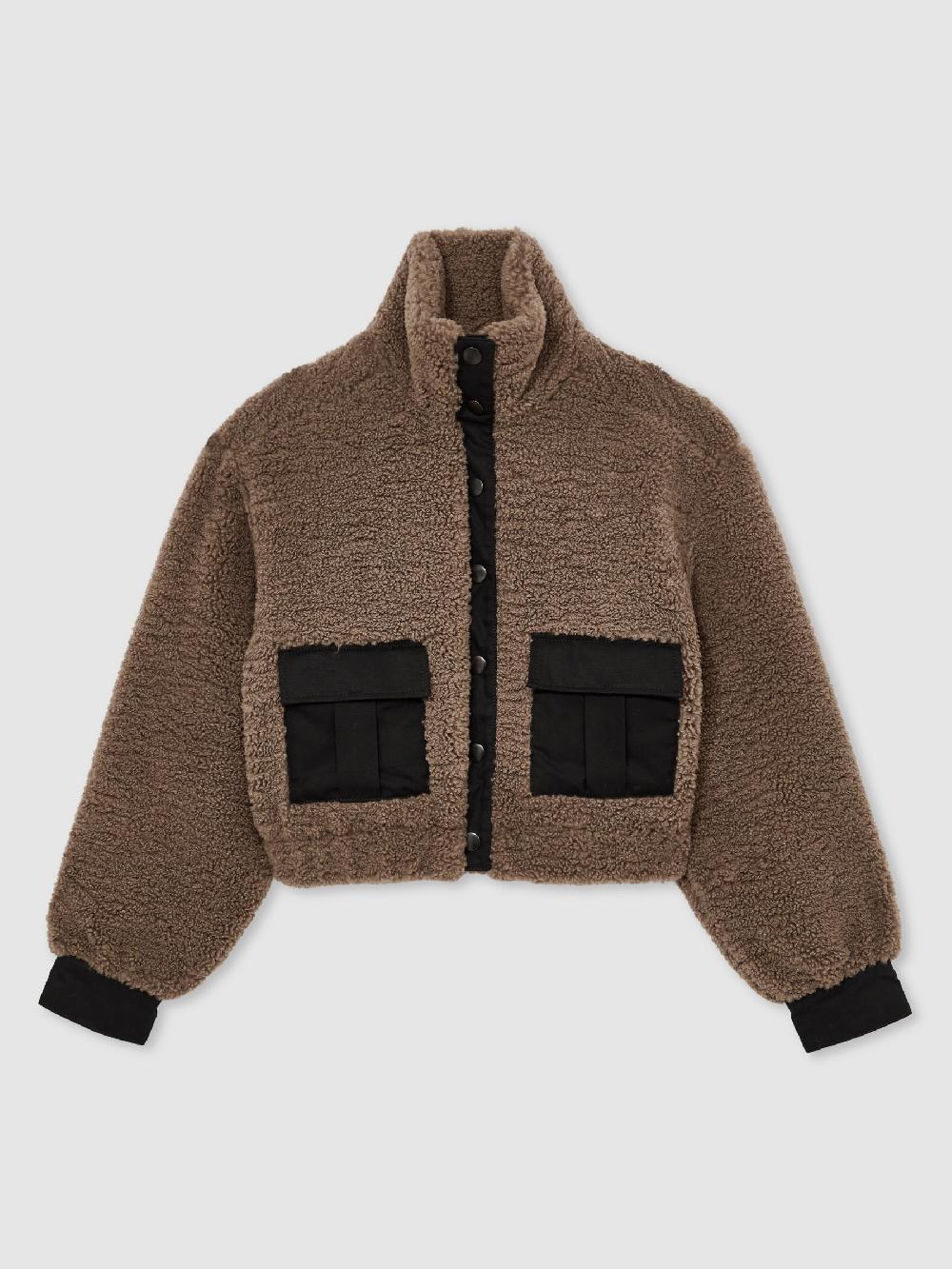 Reiss Paige Faux-Shearling Press-Stud Jacket In Cocoa