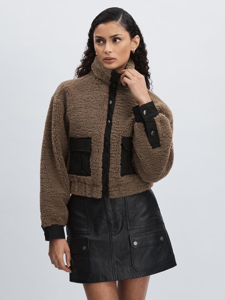 reiss Paige Faux-Shearling Press-Stud Jacket in Cocoa