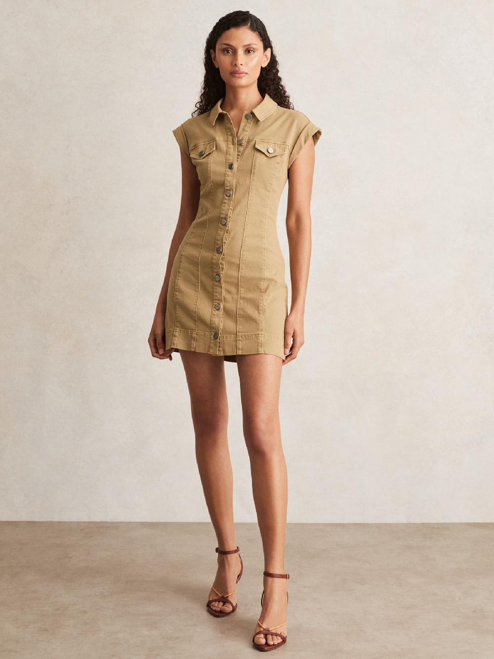 Reiss Paige Fern Beige Denim Button Through Mini Dress In Fern Beige