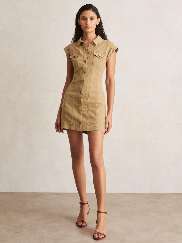 reiss Paige Fern Beige Denim Button Through Mini Dress in Fern Beige