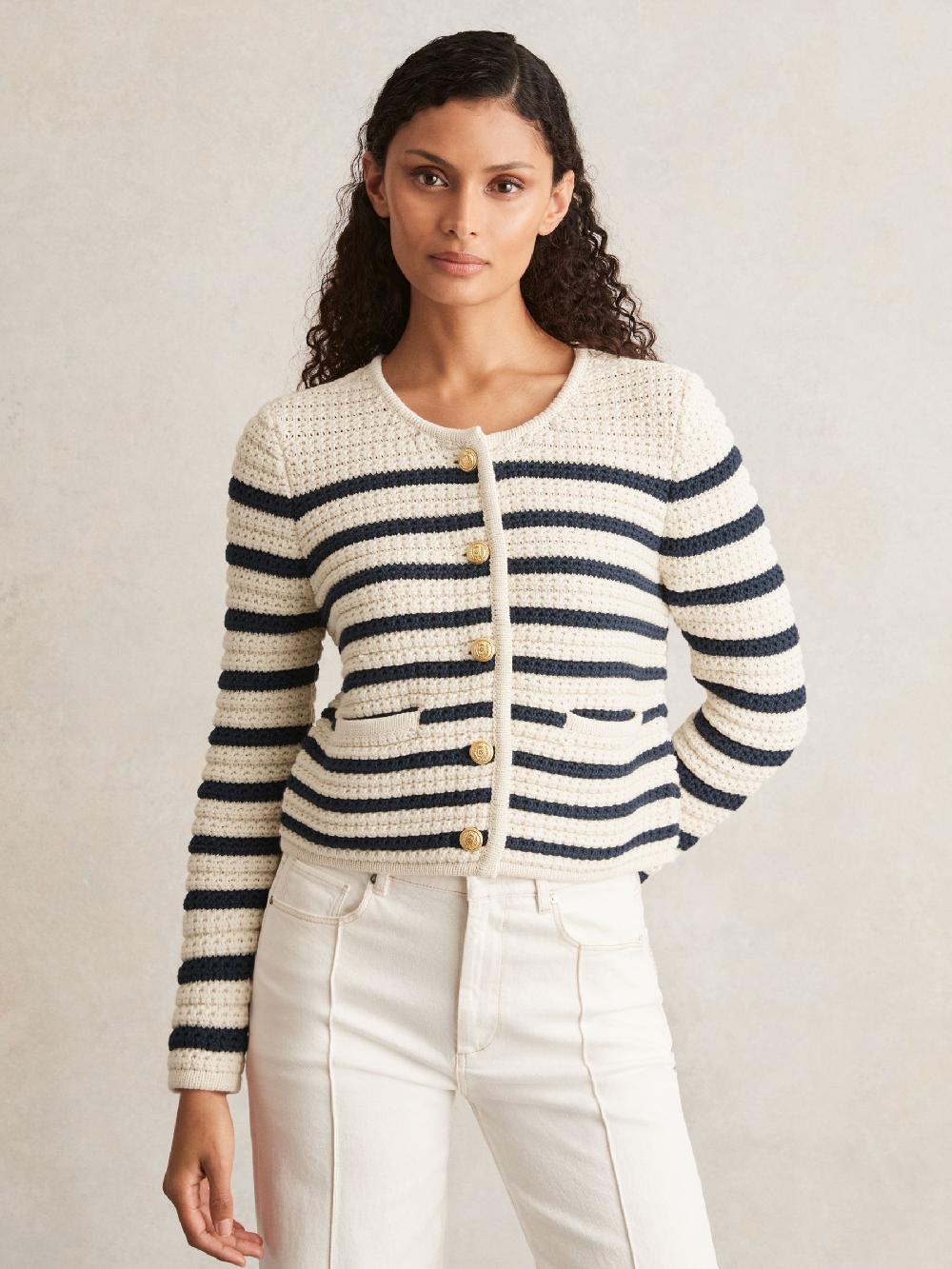 Reiss Paige Ivory Textured Knit Stripe Cardigan In Ivory