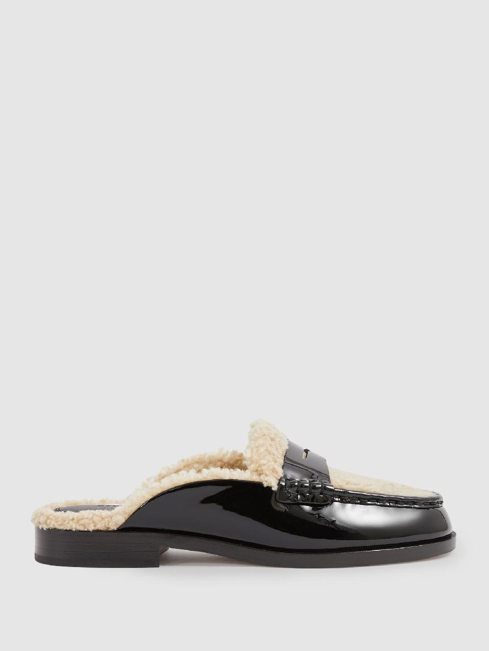 Reiss Paige Leather And Shearling Loafer Mules In Black