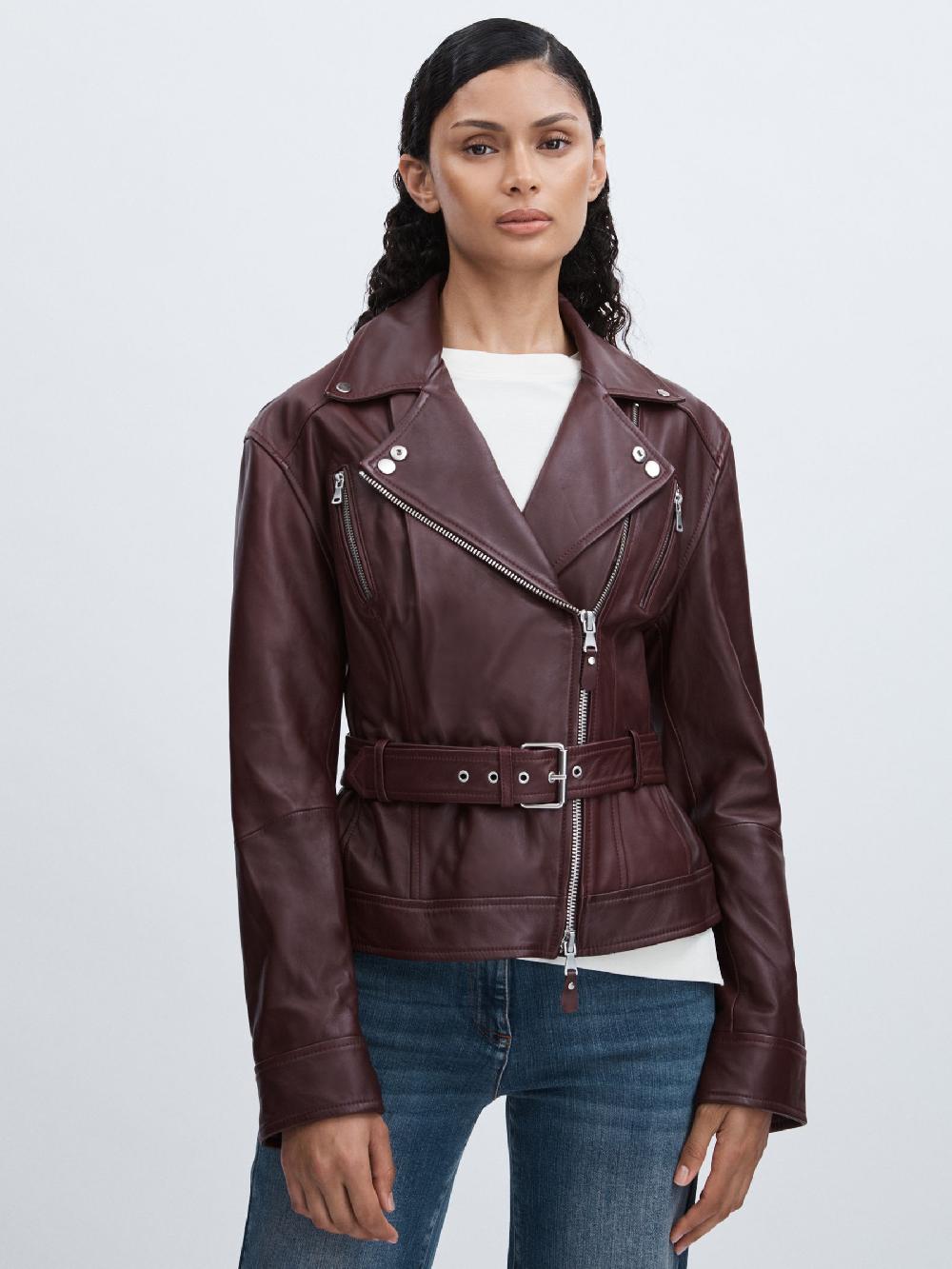 Reiss Paige Leather Belted Moto Jacket In Dark Oxblood