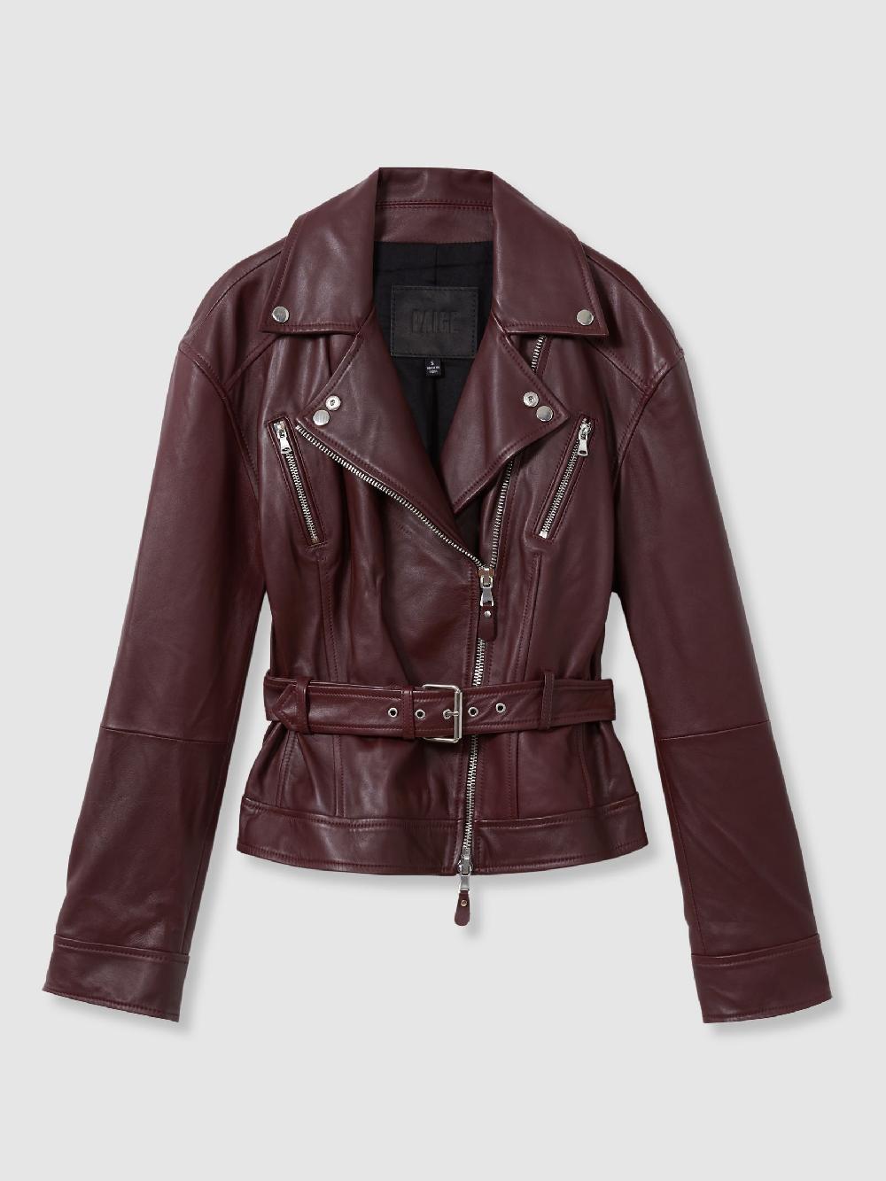 Reiss Paige Leather Belted Moto Jacket In Dark Oxblood