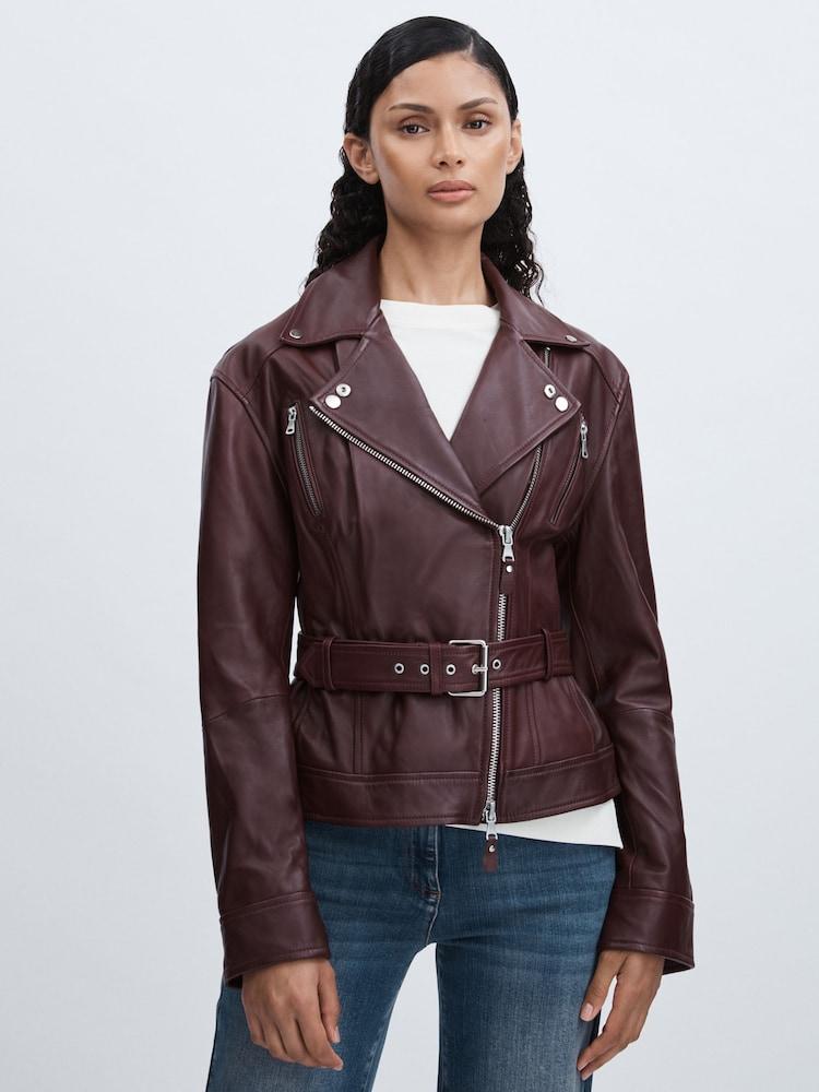 reiss Paige Leather Belted Moto Jacket in Dark Oxblood
