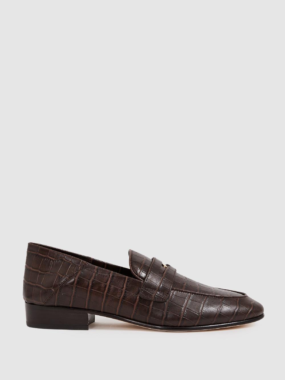 Reiss Paige Leather Crocodile-Embossed Penny Loafers In Chocolate