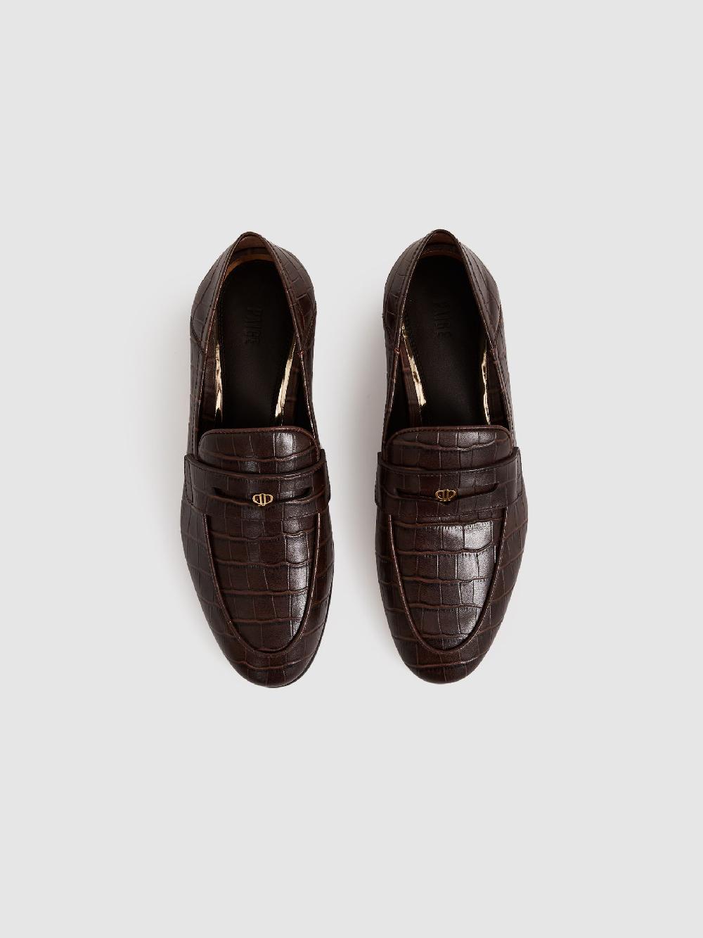Reiss Paige Leather Crocodile-Embossed Penny Loafers In Chocolate