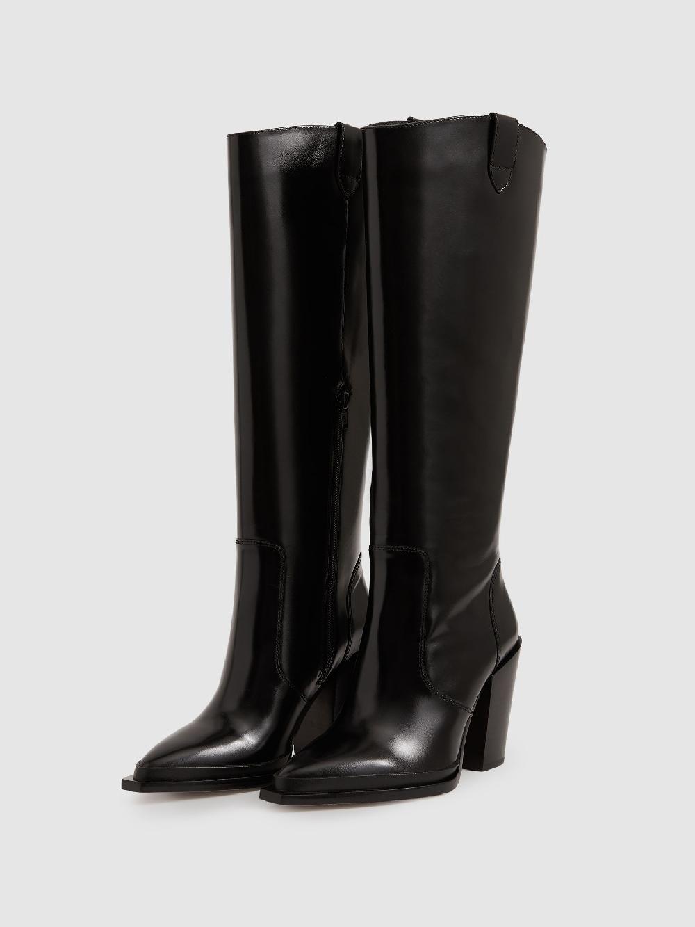 Reiss Paige Leather Knee-High Block-Heel Boots In Black